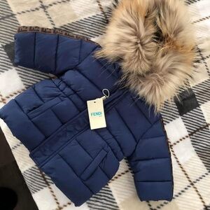 Fendi Blue Puffer Jacket with Fur Hood